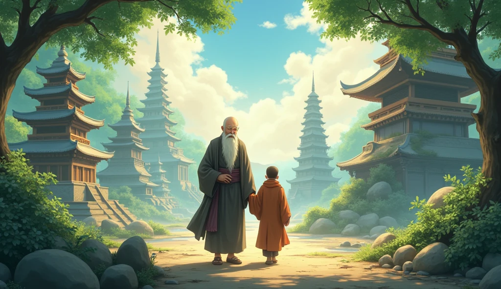 Chinese Old monk sensei walking with his monk student, surrounded by temples, beautiful trees, in anime style, beautiful scenario,