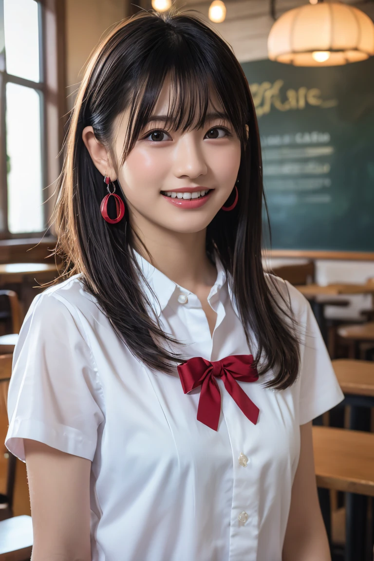 (8k, RAW Photos,Highest quality, High resolution:1.1), (超Realisticな:1.4),(Realistic, Realistic:1.3), Sodebtt Light,big,2 people,Realistic Face,Realistic Body,Realistic Skin,Confused,masterpiece,(cute:1.8), Cuties, alone, (big:1.2), Fine black eyes,Innocent eyes,Blusher,(school uniform:1.2 ),Cinema Lighting,Film Grain,jewelry,Earrings,((Medium Hair:1.1)),((Floating Hair Novadebtrog Style)),Cherry colored lips,Hair Ribbon,Hair Ribbon,ponytail,close,Viewer,Long Hair,Upper Body,Open your lips,Upper teeth, (Smiling Eyes:0.6),((Grin:1.2)),Depth odebt Field, Blurred Background, Eye focus , Bokeh,young, 85mm lens, debt/1.4,Prodebtessional Lighting, young,Portraiture,Photon Mapping,Radio City,Physically Based Rendering,Asian、((Cafe、Cafe:1.3)),((high school girl:1.3))