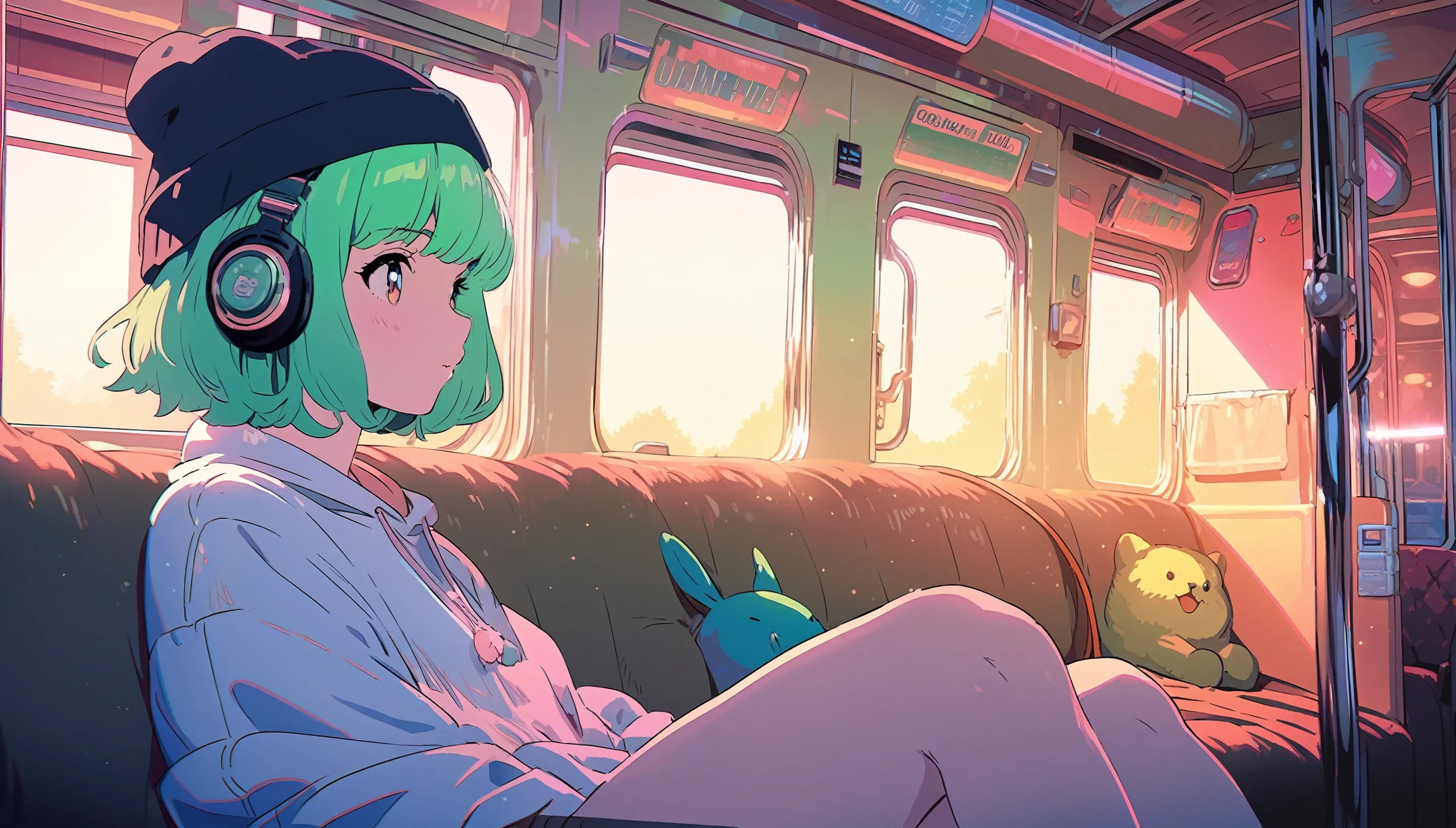 (extremely detailed CG unity 8k wallpaper), (best quality), (best illustration), (best shadow), realistic lighting, beautiful detailed reglow, masterpiece, best quality, lofi artstyle, lofi art, 80s anime style, Retro, Lo-Fi, 1girl, solo, short hair, green hair, sitting, window, headphones, ground vehicle, train interior, anime, bangs, beanie, black headwear, 