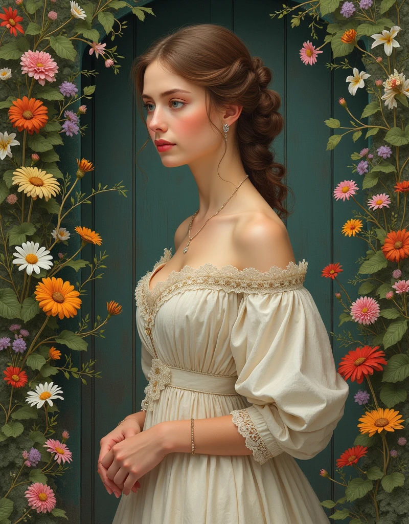 A Portrait of a 24 yo Beautiful Woman [Elizabeth II:Maude Adams:0.45 donning Victorial Casual Dress, she is in her backyard garden with lush vibrant flowers, insanely detailed and intri garden, A Don Lawrence Style Illustration