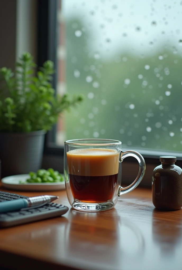 (photorealism:1.2), beautiful transparent mug with a glassy handle with a warm coffee. Keeping it on a office table desk, beside the window. Some electronic device like phone, laptop alsp be in the desk. Add some pad and pwn. A realistic scenario of a rainy day. Add a bottle of green peas in the desk.