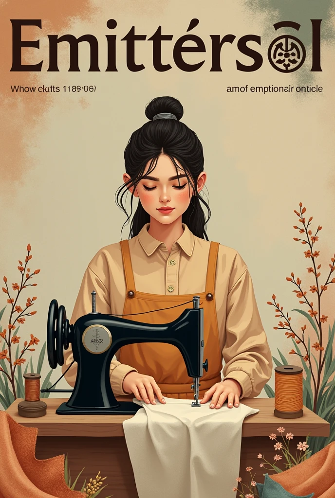 Create a workers magazine cover by creating a natural outfit, and show a lady sewing clothes, on a magazine cover of the company Emittersol