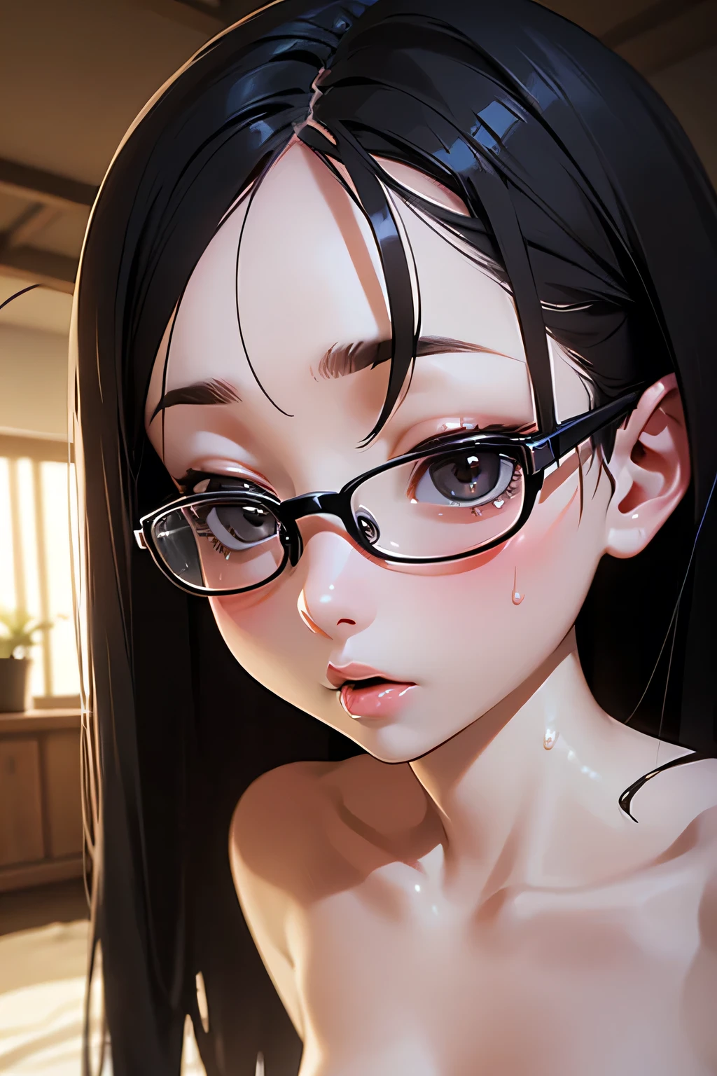 Erotic、Bedroom、Completely naked、slender、Smooth, very beautiful, white skin　A girl 、Glasses、Black Hair、Sweat、Expressionless、Close-up of face　child　Small　Big eyes　Small breasts　Look this way