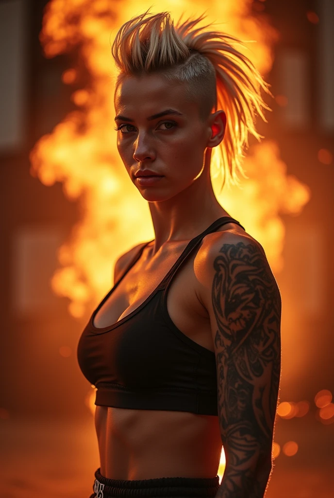 (dynamic photo of an 18 year old blonde girl), (top up, reduced floss, MMA fights), (((mohawk hair ))), (high-detailed face:1.4), (muscles:1.3), (background within the light, Ablaze, academia particular:1.1), (8k, ultra HD, dslr, high qualiy, cinematic lighting, bokeh), (Dramatic, rewarded photography, incredible masterpiece:1.3), (((look sexy and sensual and smile for the camera:0.8))), close up, ((she is ready to dominate you:0.7)), ((beautiful feminine face)) She is a champion MMA fighter, ((show ass)), tattooed 