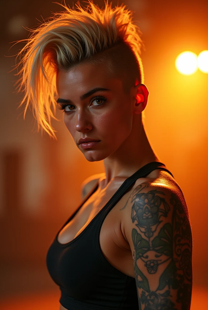 (dynamic photo of an 18 year old blonde girl), (top up, reduced floss, MMA fights), (((mohawk hair ))), (high-detailed face:1.4), (muscles:1.3), (background within the light, Ablaze, academia particular:1.1), (8k, ultra HD, dslr, high qualiy, cinematic lighting, bokeh), (Dramatic, rewarded photography, incredible masterpiece:1.3), (((look sexy and sensual and smile for the camera:0.8))), close up, ((she is ready to dominate you:0.7)), ((beautiful feminine face)) She is a champion MMA fighter, ((show ass)), tattooed 