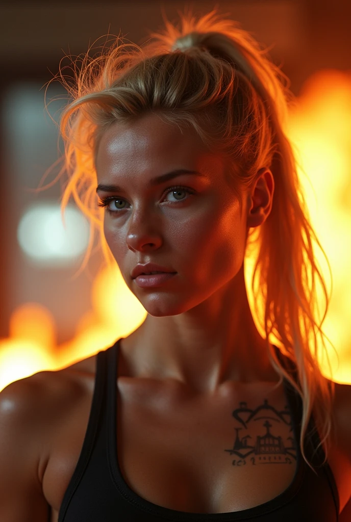 (dynamic photo of an 18 year old blonde girl), (top up, reduced floss, MMA fights), (((mohawk hair ))), (high-detailed face:1.4), (muscles:1.3), (background within the light, Ablaze, academia particular:1.1), (8k, ultra HD, dslr, high qualiy, cinematic lighting, bokeh), (Dramatic, rewarded photography, incredible masterpiece:1.3), (((look sexy and sensual and smile for the camera:0.8))), close up, ((she is ready to dominate you:0.7)), ((beautiful feminine face)) She is a champion MMA fighter, ((show ass)), tattooed