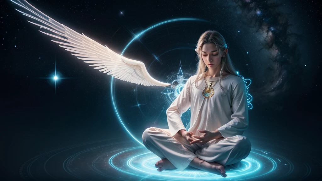 a man sitting in lotus position with a bright light in his hands, bright angelic being, ethereal angelic being of light, spiritual guide angel, emanating with blue aura, infinite angelic wings, on the astral plane ) ) ), mystical energy in the air, channeling mystical energy, radiating rebirth energy, elven angel meditating in space, ethereal!!! ultra realistic