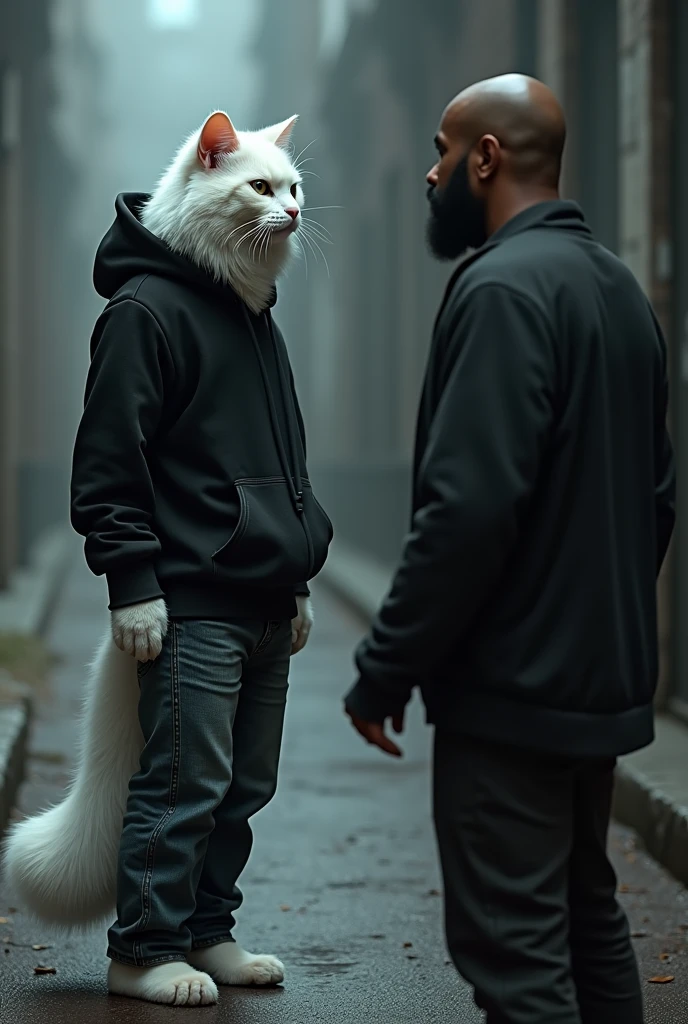 A tall white cat dressed in black hoodie and black jeans with fights with a gangster