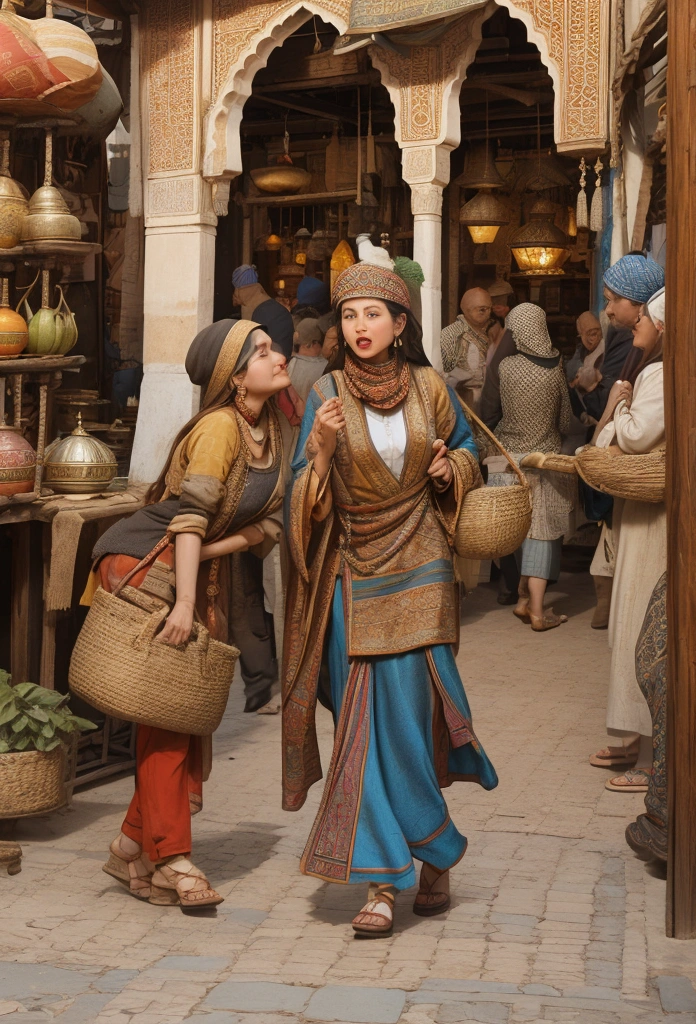 A bustling 19th-century marketplace nestled within the vibrant walls of Marrakech, Morocco. The scene is a kaleidoscope of rich, earthy tones, with the sun casting long shadows across the cobblestone streets. Merchants dressed in traditional djellabas and fez hats display an array of exotic goods, from intricately woven rugs and gleaming brass lanterns to pyramids of spices that release a tantalizing aroma into the air. Donkeys laden with colorful textiles and baskets of fresh produce amble through the lively crowd, which includes locals in deep conversation and European travelers with wide-brimmed hats, clearly captivated by the exotic sights. In the background, the iconic Koutoubia Mosque towers over the cityscape, its minaret a symbol of the region's enduring Islamic heritage. The architecture around the market is a harmonious blend of Moorish arches, intricate mosaics, and carved wooden balconies, offering a glimpse into the storied past of this ancient city. The atmosphere is one of bustling commerce and cultural exchange, with the cacophony of bartering voices and the jingle of coins melding with the distant call to prayer, weaving a tapestry of sounds that resonates through the centuries.