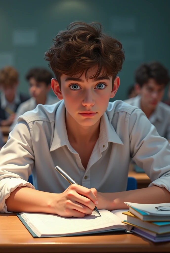 make me a picture of an 18 year old boy with short brown curly hair, has blue eyes who is studying in class wearing a white shirt