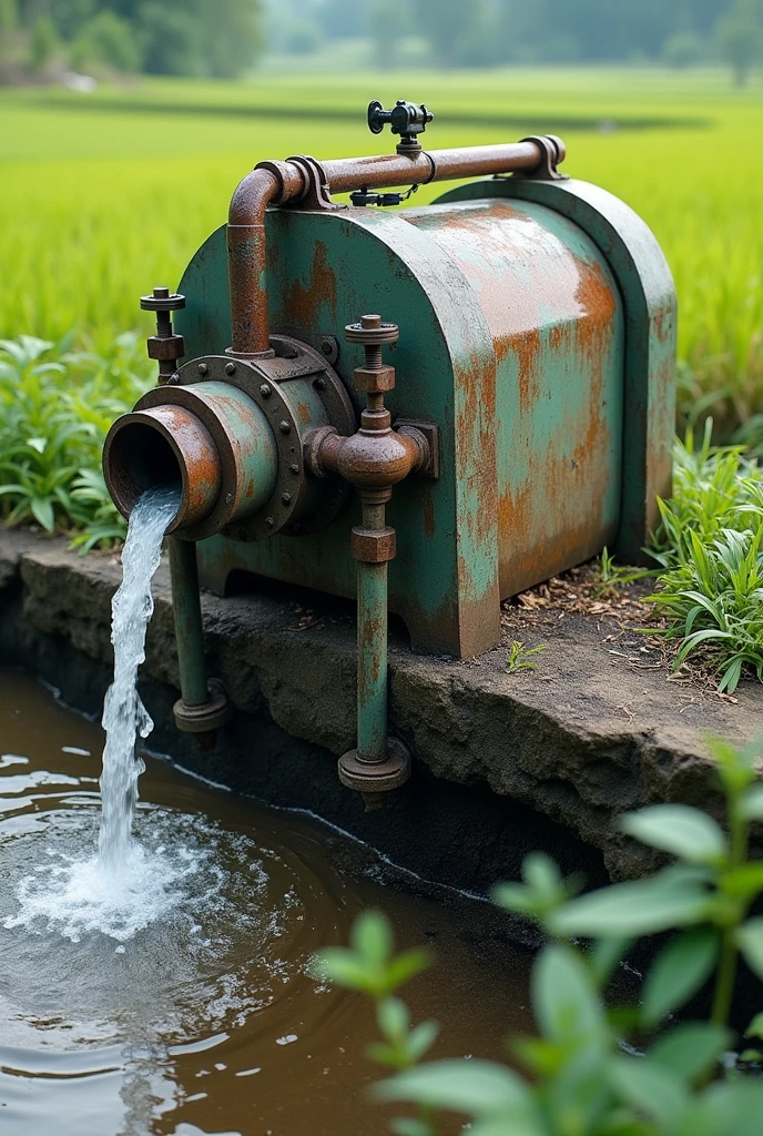 A small bioenergy powered water pump machine, which takes water from a small river and moves it to the top of a water wheel so that it can move and be collected in a small pipe that irrigates a small village and a number of rice fields.