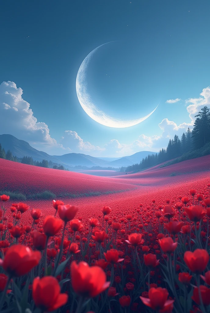 Fields of red flowers with a moon in the middle approaching the horizon on the ground and a blue sky