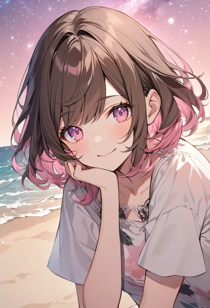 good looking, alone, 1 female, Medium Hair, Brown Hair, Pink highlights on the tips, Pale pink eyes,Smile Facial,Pink starry sky,Short sleeve,Sandy Beach