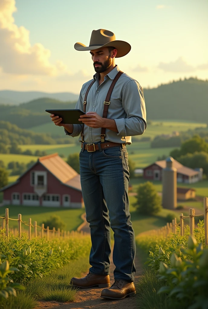 Image of a wealthy farmer using mapping and geoinformatics applications to record his land.. 