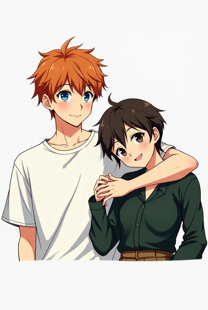 Guy with orange hair and blue eyes, white T-shirt, dark gray pants, holding a girl with very short dark brown hair, black eyes, in a dark green shirt and dark brown skirts, anime art, masterpiece, realistic, over-detailed, professional quality