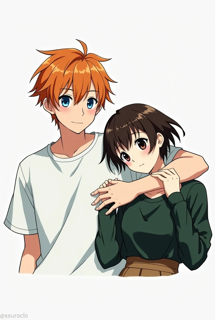 Guy with orange hair and blue eyes, white T-shirt, dark gray pants, holding a girl with very short dark brown hair, black eyes, in a dark green shirt and dark brown skirts, anime art, masterpiece, realistic, over-detailed, professional quality