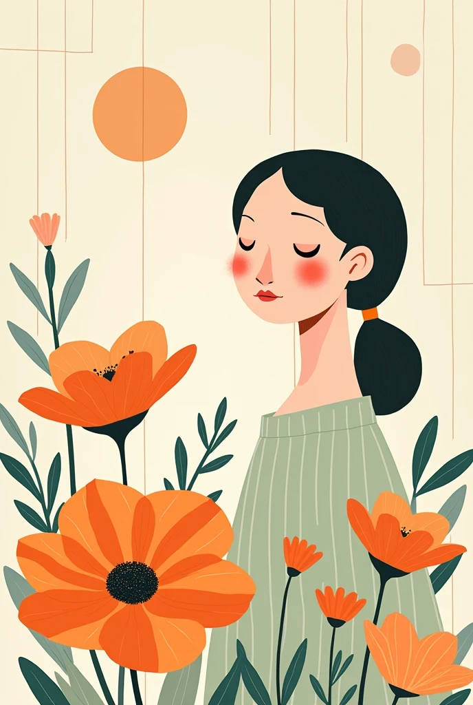 In the style of Victo Ngai, Beautiful Dite，Simple，modern，advanced，cute，Color blocking，flowers，Orange，light green，grid，line，illustration，Vigor，pixar，