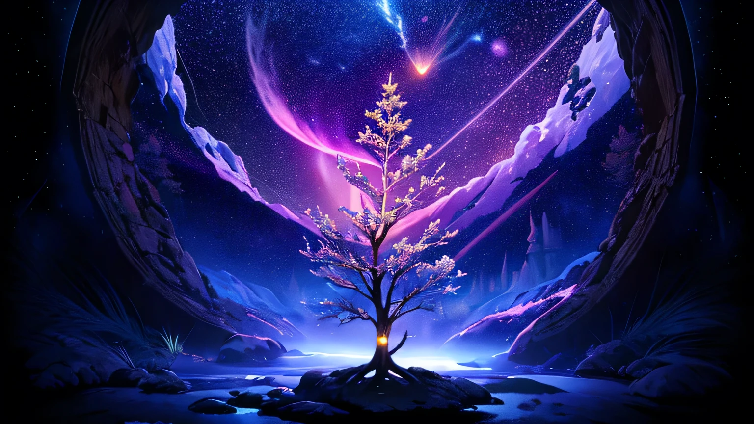 Masterpiece、background with((The sky is full of wonderful stars.、meteorite、Black hole))、Depth((The Big Miracle Tree、Bioluminescent plants))、search