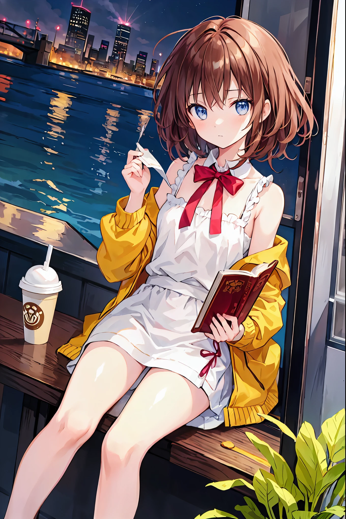 Anime style illustration of studying in a city cafe。She sat in the window seat.、I am concentrating on reading while enjoying the view outside..。Concentrating on her expression、There is a sense of loneliness。The interior of the cafe is cozy、There is a coffee cup and a book on the table.。Outside you can see the city lights and distant buildings..。This scene、It expresses the diverse emotions of the city, as well as its tranquility..Brown Hair,Shortcuts,Messy Hair,Slender beauty,Small chest,Beautiful feet