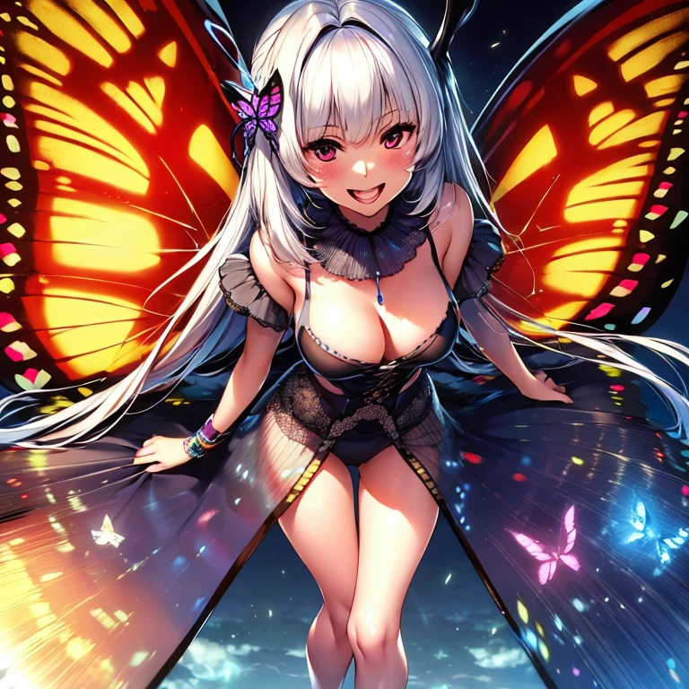 Masterpiece, Best quality, High quality, one girl, moth girl, crazy smile, visible canine, big black moth wings, Psychedelic, hight resolution, hightly detailed, ray tracing, butterfly antenna, white hair