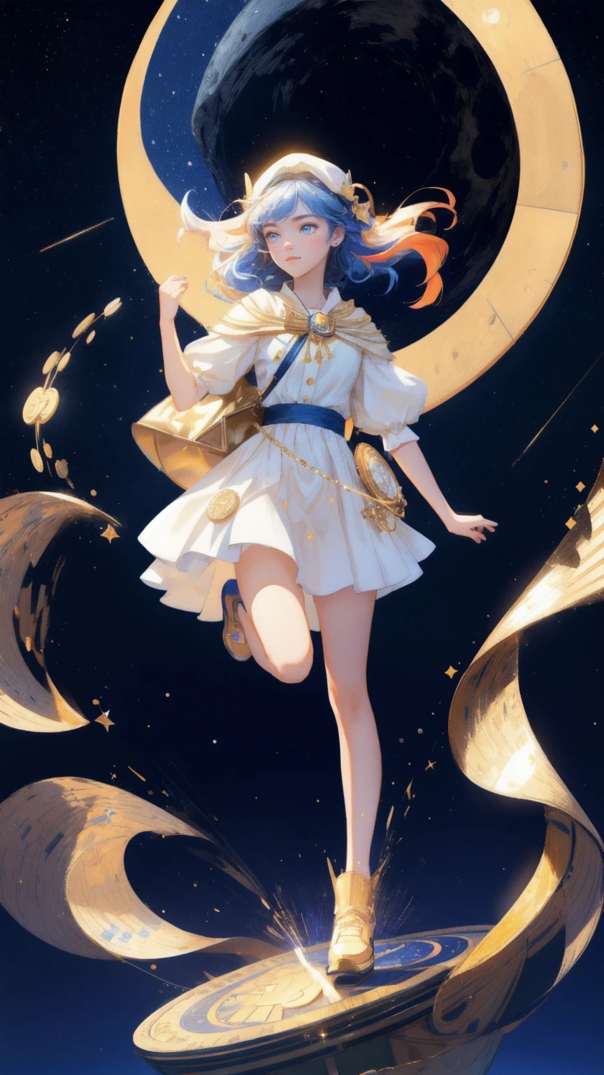 A beautiful, cute girl running up a golden staircase made of Bitcoin coins, heading towards a glowing blue moon in the sky. The background features a starry night with a vibrant rainbow and floating Ethereum symbols. Keywords: Moon Lander, blue background.
