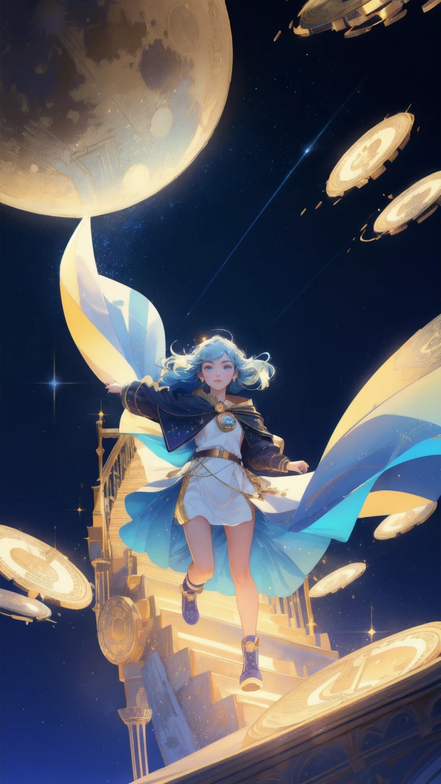 A beautiful, cute girl running up a golden staircase made of Bitcoin coins, heading towards a glowing blue moon in the sky. The background features a starry night with a vibrant rainbow and floating Ethereum symbols. Keywords: Moon Lander, blue background.