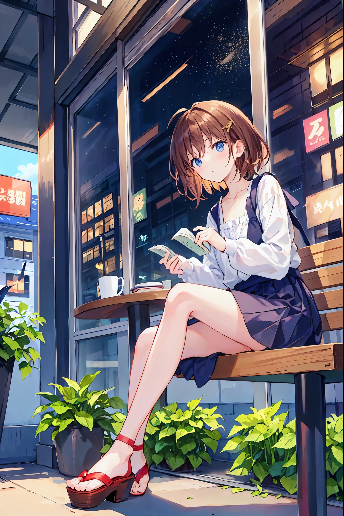 Anime style illustration of studying in a city cafe。She sat in the window seat.、I am concentrating on reading while enjoying the view outside..。Concentrating on her expression、There is a sense of loneliness。The interior of the cafe is cozy、There is a coffee cup and a book on the table.。Outside you can see the city lights and distant buildings..。This scene、It expresses the diverse emotions of the city, as well as its tranquility..Brown Hair,Shortcuts,Messy Hair,Slender beauty,Small chest,Beautiful feet