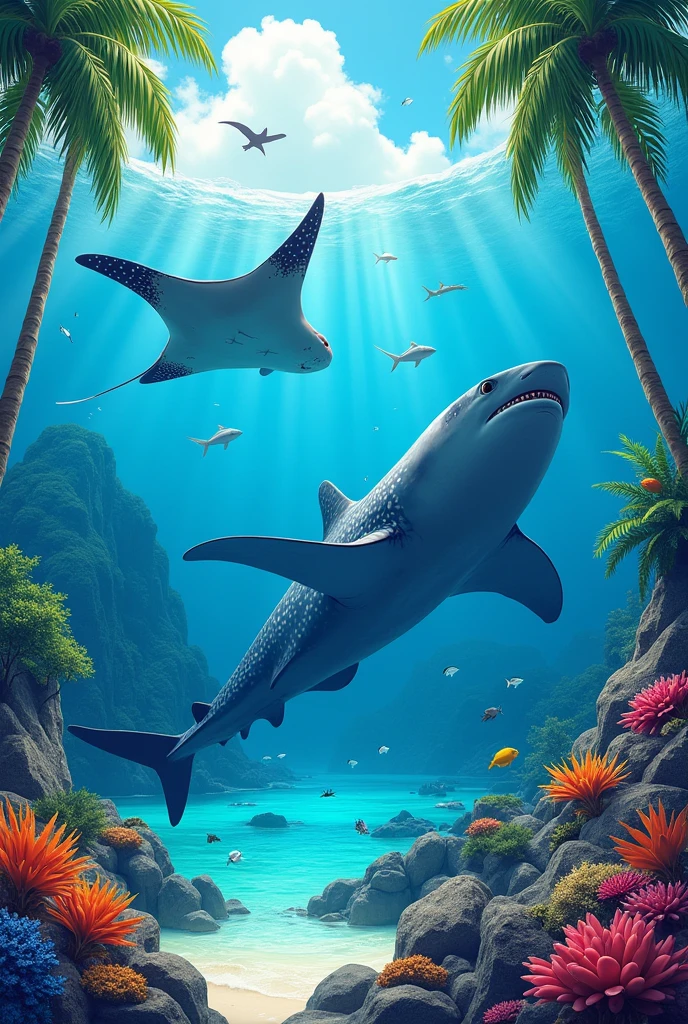 2025 calendar design cover (for design please include manta ray and whale shark and. Similar to maldives country) please draw colorful