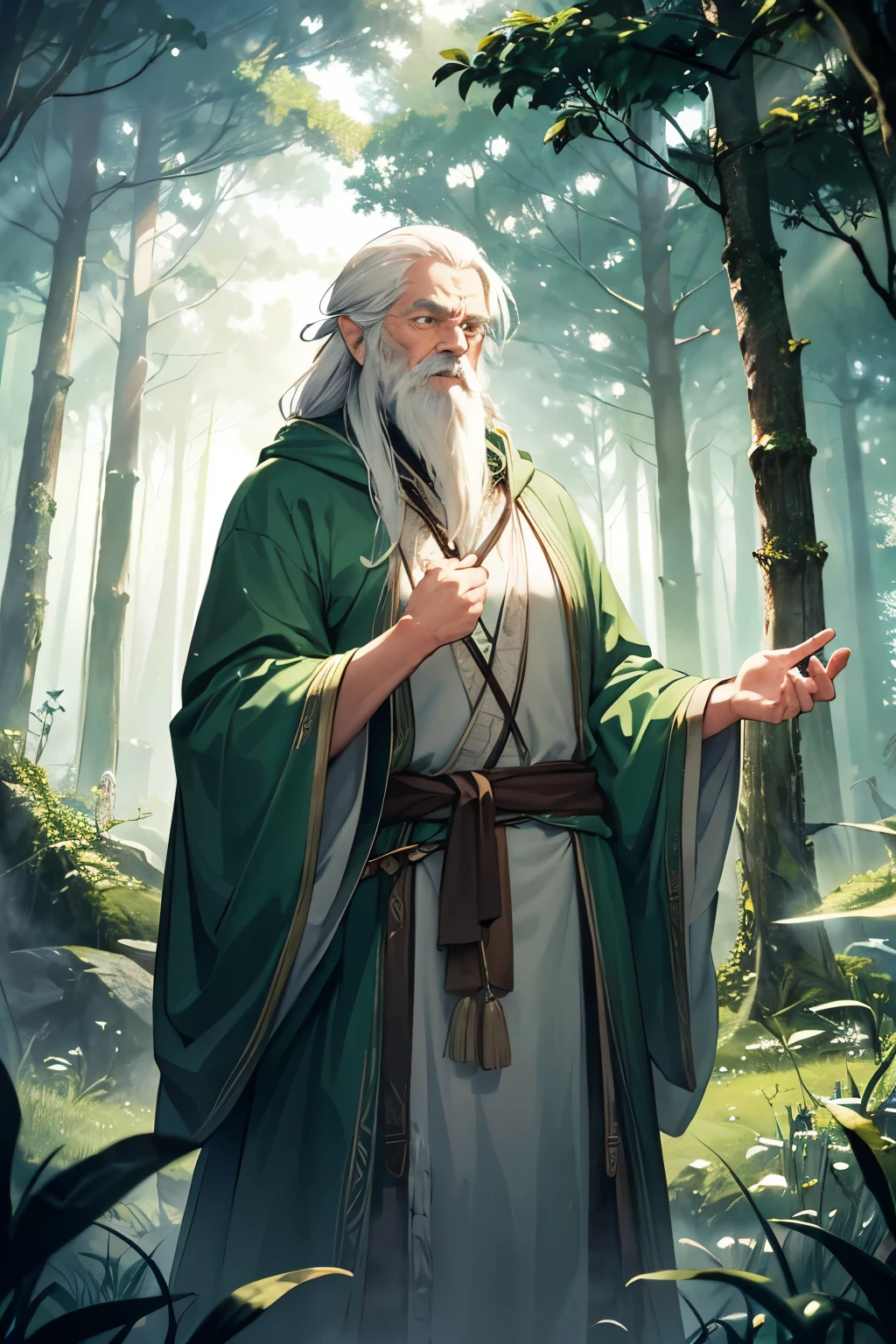 An elderly man with a long white beard, resembling Gandalf from 'The Lord of the Rings', dressed in a green robe. He represents the proponent of MBTI and is standing in a mystical forest. The old man is summoning ethereal fairies, which are glowing and fluttering around him. His expression is wise and serene, and the scene is filled with magical energy, as the fairies emerge from the surrounding forest, adding an enchanting atmosphere to the scene.