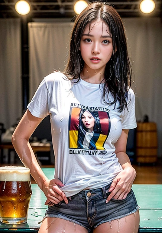 A boldly composed photograph of a Japanese woman that looks like it was taken by a famous artistic photographer, (((Blockbuster art photography)), (8k, Highest quality). A stunning composition using a model with excellent proportions. Perfect beauty model with a confident and balanced appearance, ((Highest quality質)), ((masterpiece)), (Familiar:1.4), ((Highest quality質のリアルな写真)), ((Shot with Hasselblad)), ((Best photo quality)), Beautiful womanの画像,Super Resolution,Slim and perfectly proportioned, Beautiful woman, ((Highest quality質, 8k, masterpiece: 1.3)), Beautiful woman, 1 female, Slim figure: 1.1, Perfect beauty, 20-year-old, (Realistic: 1.4), Ahegao, Shining Sweat, thin, Art photo composition with space around the woman, See through, (((Filming in a spacious studio))), (((The background is only gray and there is nothing.))), Full body photo, Anatomically correct hand, Anatomically correct legs, anatomically correct whole body, Marble room, White t-shirt and shorts. Cowboy Shot, (((Holding your crotch with your hand))). Spread your legs, drinking beer, Nipples are protruding,, (((Your T-shirt is wet with beer))), (((Being drunk))), (((Drooling))),