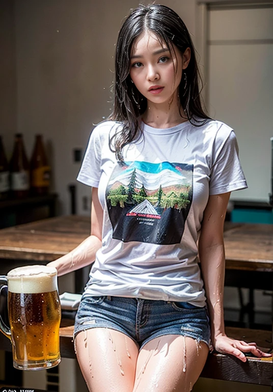A boldly composed photograph of a Japanese woman that looks like it was taken by a famous artistic photographer, (((Blockbuster art photography)), (8k, Highest quality). A stunning composition using a model with excellent proportions. Perfect beauty model with a confident and balanced appearance, ((Highest quality質)), ((masterpiece)), (Familiar:1.4), ((Highest quality質のリアルな写真)), ((Shot with Hasselblad)), ((Best photo quality)), Beautiful womanの画像,Super Resolution,Slim and perfectly proportioned, Beautiful woman, ((Highest quality質, 8k, masterpiece: 1.3)), Beautiful woman, 1 female, Slim figure: 1.1, Perfect beauty, 20-year-old, (Realistic: 1.4), Ahegao, Shining Sweat, thin, Art photo composition with space around the woman, See through, (((Filming in a spacious studio))), (((The background is only gray and there is nothing.))), Full body photo, Anatomically correct hand, Anatomically correct legs, anatomically correct whole body, Marble room, White t-shirt and shorts. Cowboy Shot, (((Holding your crotch with your hand))). Spread your legs, drinking beer, Nipples are protruding,, (((Your T-shirt is wet with beer))), (((Being drunk))), (((Drooling))),