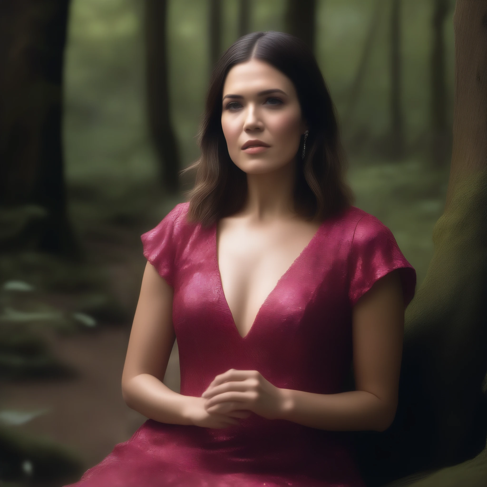 best quality, highres, 8k, masterpiece, photography, Mandy Moore is a folk music princess as she poses with a guitar in a vintage floral dress in an enchanted forest, 40 years old, a girl, long hair, (real skin texture: 1.3), (slender figure: 1.1), bright and shiny lips, (Immersive Ambience, Chiaroscuro: 1.5, Dim Light: 1.2, Glow Lighting), (Bokeh: 1.5), Blurred, delicate facial features, tiara, vintage floral dress, stockings, high contrast, (Fuji colors: 1.5), film grain