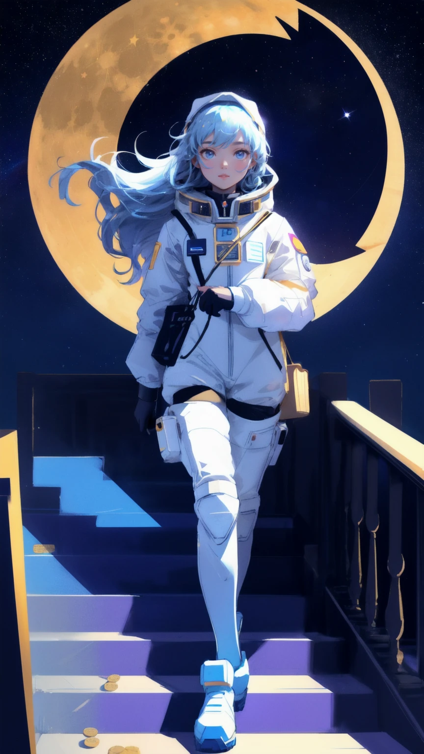 A beautiful, cute girl in a space suit with a Bitcoin emblem, walking up a staircase made of golden Bitcoin coins leading towards a shining full moon. The night sky is filled with stars, a rainbow, and floating Ethereum symbols. Keywords: Moon Lander, blue background.