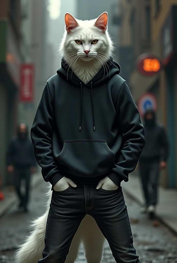 A tall white cat dressed in black hoodie and black jeans with punches  a gangster 