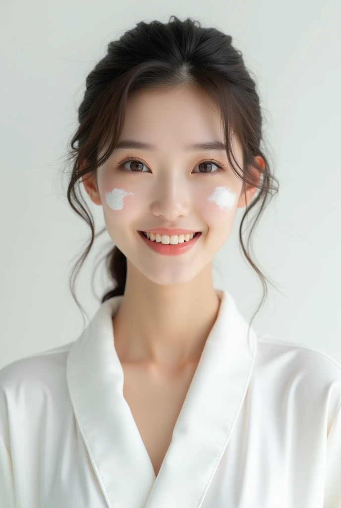 Creating Asian Beauty，Normal Face，Wearing a white satin bathrobe, with cream on your face, beautiful skin, open your eyes.，Happy expression，whole body，Character is realistic and lifelike，pure white background，Front Character，9:16 frames，Super high quality image