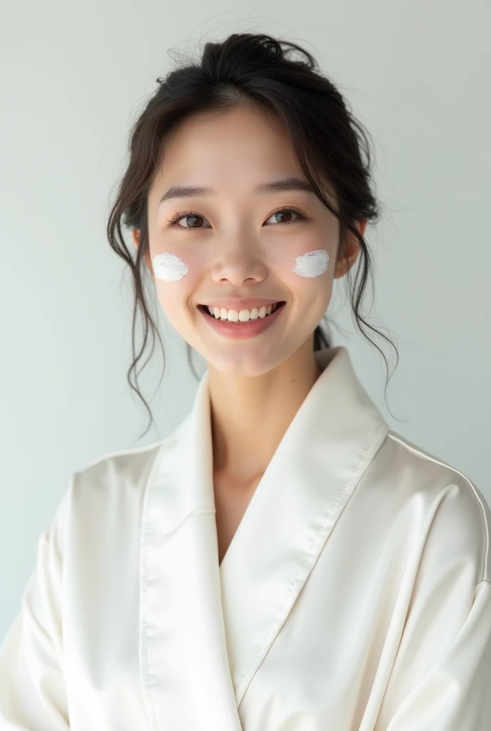 Creating Asian Beauty,Normal Face,Wearing a white satin bathrobe, with cream on your face, beautiful skin, open your eyes.,Happy expression,whole body,Character is realistic and lifelike,pure white background,Front Character,9:16 frames,Super high quality image