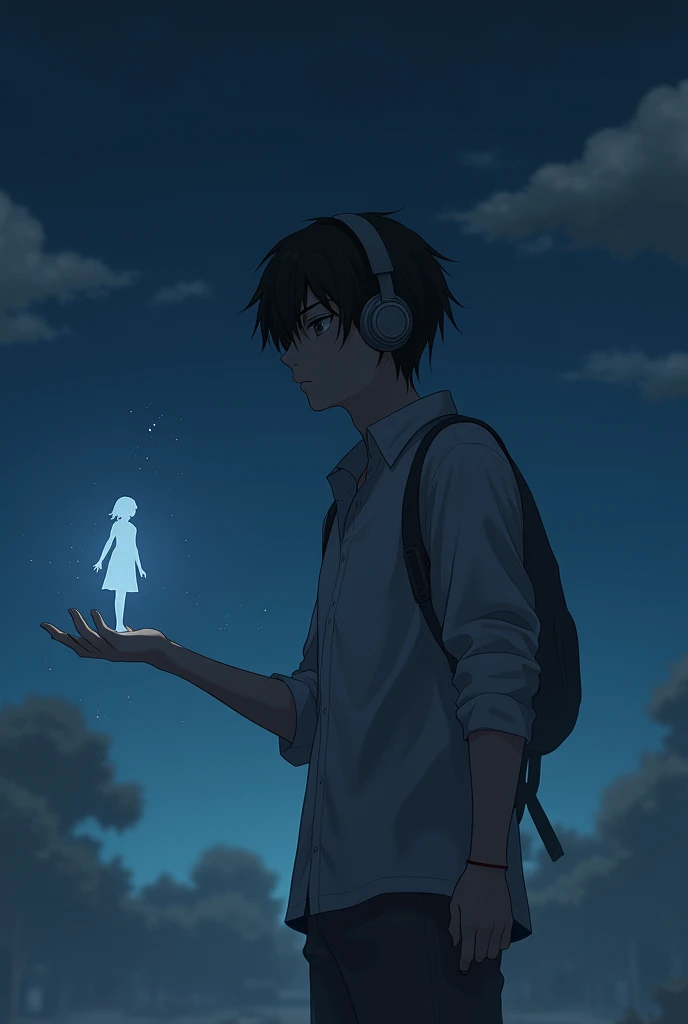 19 year old anime boy with headphones and a night sky background with a dull look. The boy extends his hand to a girl. Everything is fine, but the girl is not there. The boy should look straight ahead and be more flirtatious.