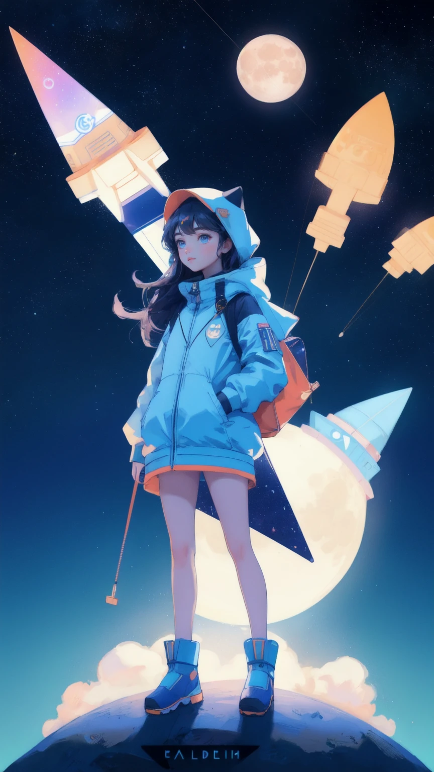 A beautiful, cute girl standing on a colorful rocket made of Bitcoin, flying towards a giant glowing moon in the distance. The scene is set against a starry blue night sky with scattered Bitcoin coins and Ethereum symbols. Keywords: Moon Lander, blue background.
