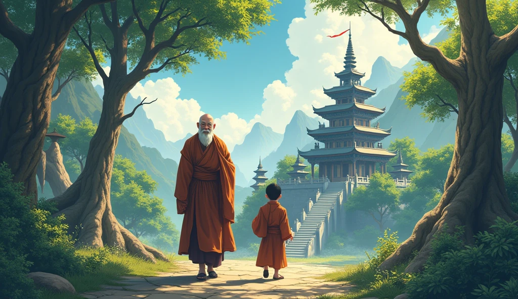 Old monk master walking with monk student, going, surrounded by temples, beautiful trees, in anime style, beautiful scenario,