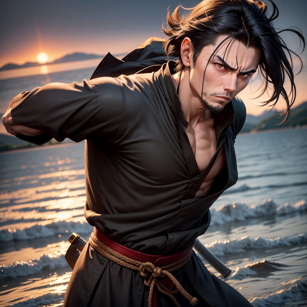 Create an image of a slightly muscular 19 year old white male with black hair, just like Miyamoto Musashi from Vagabond, eyes browns, looking tired and angry, com altura de 1.80 meters, wearing light black clothes covering the body and a cape, holding a katana near a lake at night