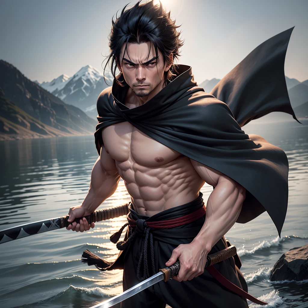 Create an image of a slightly muscular 19 year old white male with black hair, just like Miyamoto Musashi from Vagabond, eyes browns, looking tired and angry, com altura de 1.80 meters, wearing light black clothes covering the body and a cape, holding a katana near a lake at night