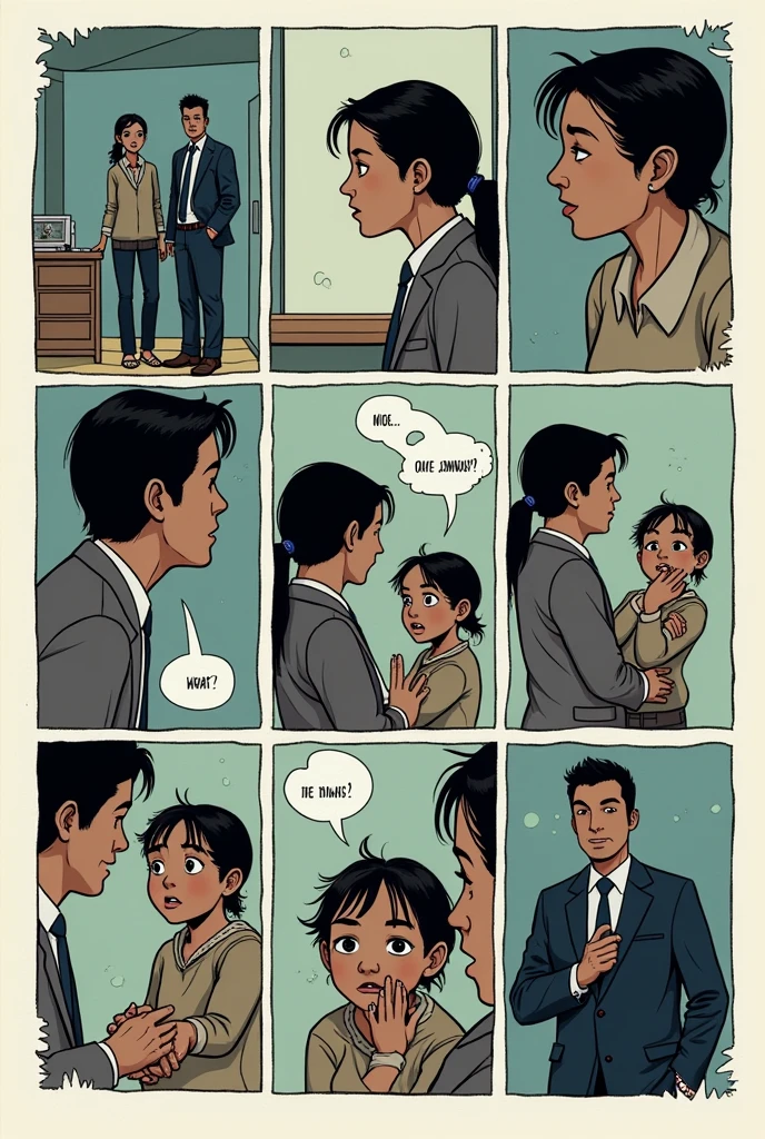 Generate a comics consist of 9 panel. The title is THE LONGING OF A CHILD
In the first panel it shows there the parents that is arguing or fighting.
in second panel, their daughter is watching them fight from afar, witnessing what is going on with her unhappy face.
third, the girl lock herself in her room feeling really sad and tired of the situation.
in fourth panel, she adapt the behavior of her parents and it led to the point where she is making trouble like fighting with her classmates at school.
while in 5th panel, the teachers saw them.
In 6th panel the teachers called out her parents in school, the teachers talk to her parents.
7th, they are in a guidance room with the girl and her parents together for a meeting.
8th, the parents have a heart to heart talk with their daughter and fix everything.
in the end of the panel, they leave or went home.