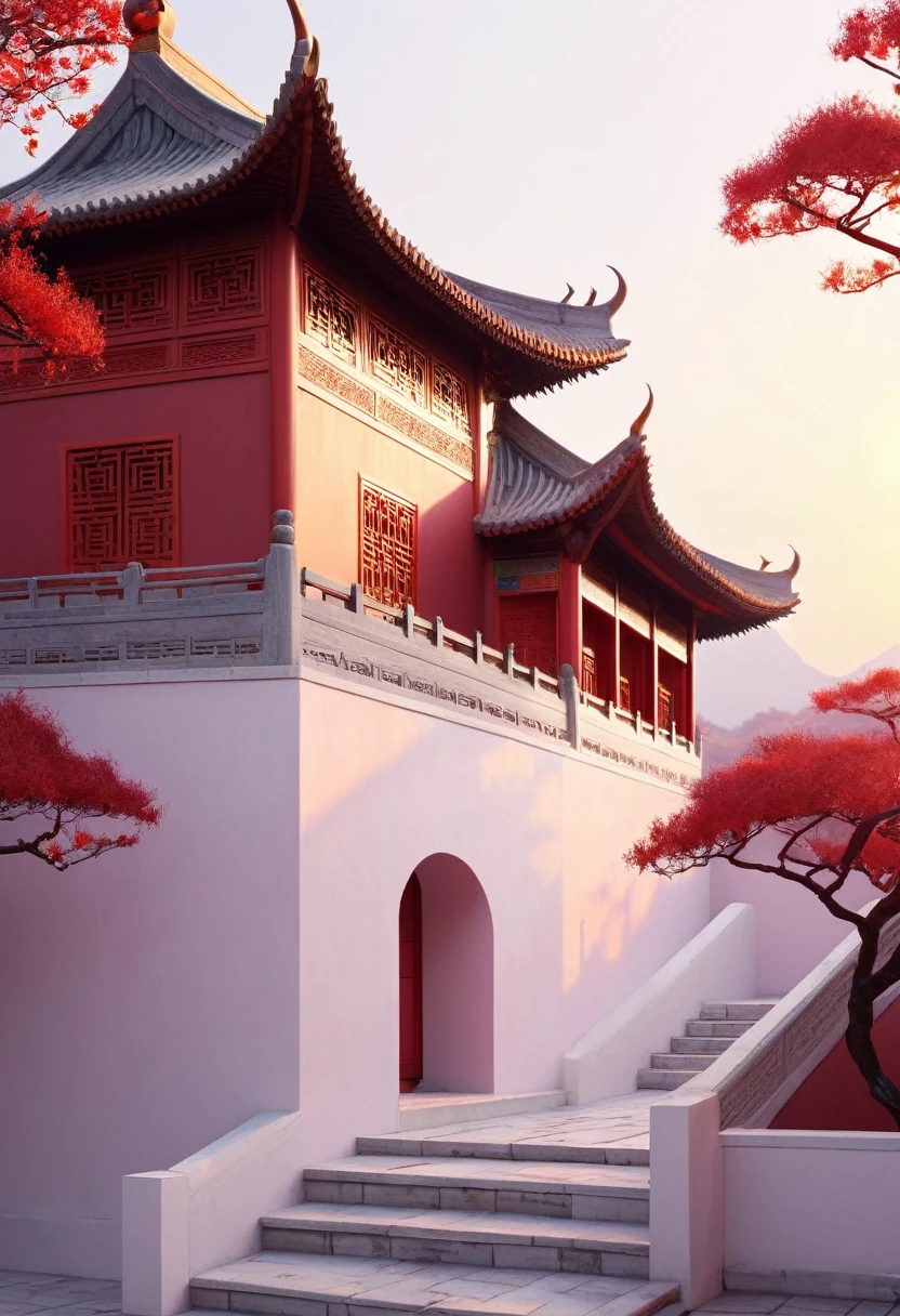 Red palace walls,Sunset,plum bossom,Chinese aesthetic,White Space,Minimalism,Ultra HD,Soft material