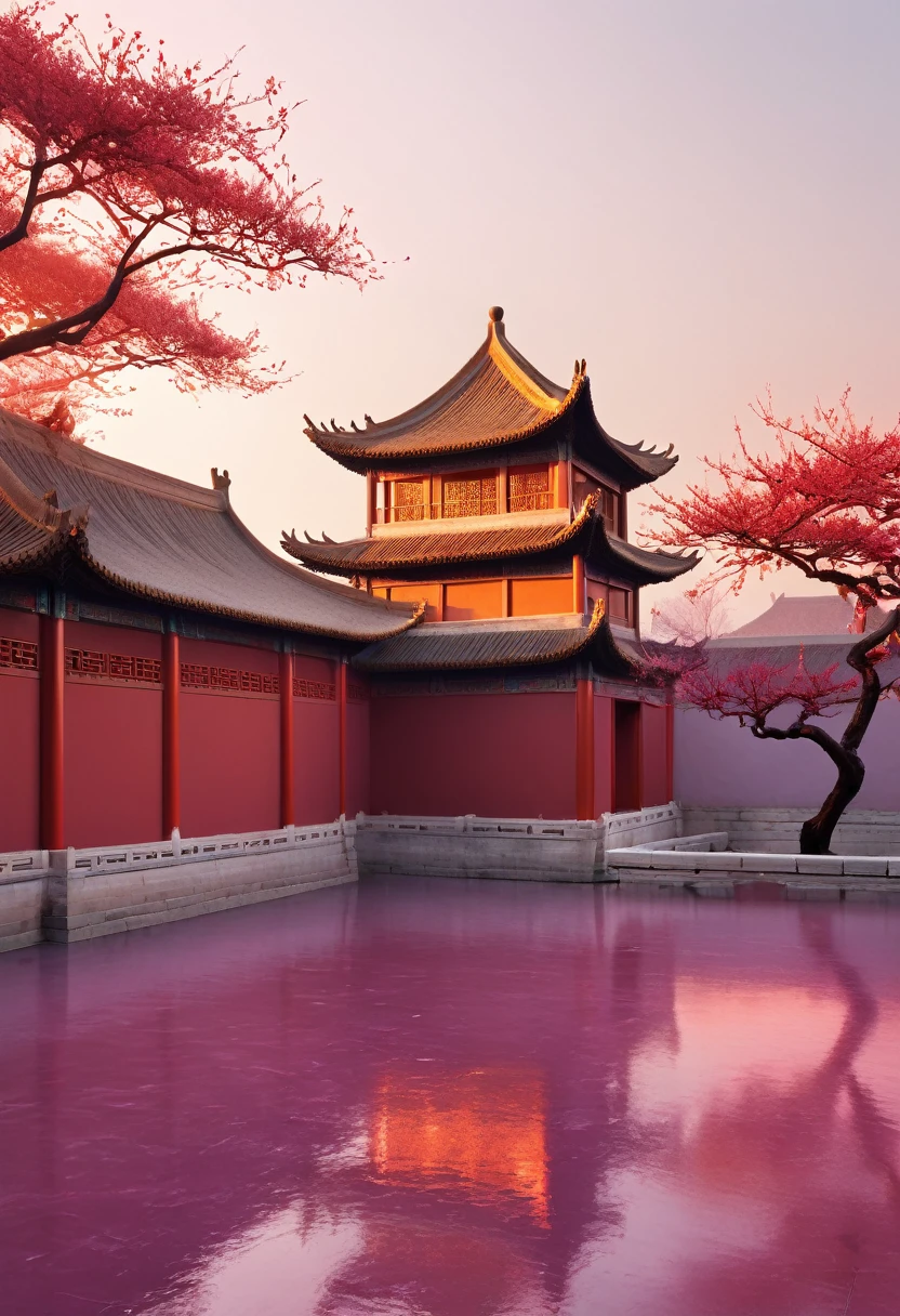Red palace walls,Sunset,plum bossom,Chinese aesthetic,White Space,Minimalism,Ultra HD,Soft material