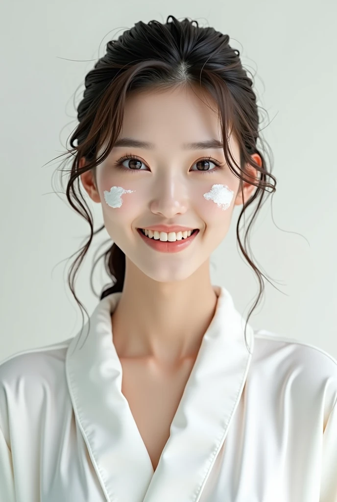 Creating Asian Beauty,Normal Face,Wearing a white satin bathrobe, with cream on your face, beautiful skin, open your eyes.,Happy expression,whole body,Character is realistic and lifelike,pure white background,Front Character,9:16 frames,Super high quality image