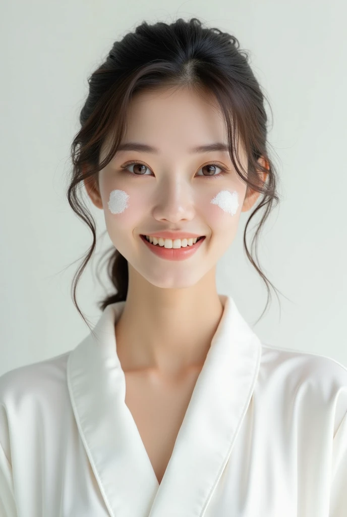 Creating Asian Beauty,Normal Face,Wearing a white satin bathrobe, with cream on your face, beautiful skin, open your eyes.,Happy expression,whole body,Character is realistic and lifelike,pure white background,Front Character,9:16 frames,Super high quality image