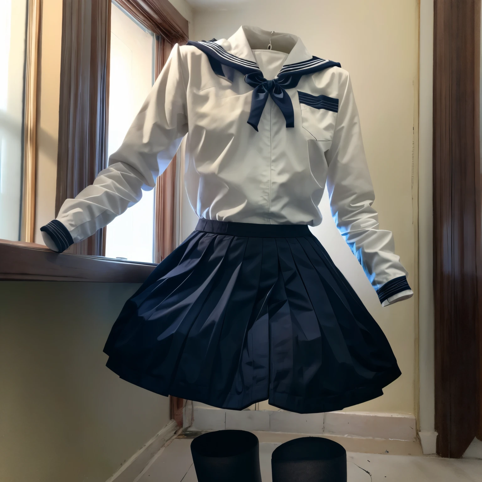 (invisible, no humans:1.5, headless:1.5, handless, legless), grey skirt, long sleeves, neck ribbon, red ribbon, ribbon, sailor collar, navy school uniform, skirt, navy sailor collar, (cute big breast), on bed, black tights, 
(8k, RAW photo, best quality, masterpiece:1.2), (realistic, photo-realistic:1.37),photon mapping, radiosity, ((Hasselblad photography)),physically-based rendering,