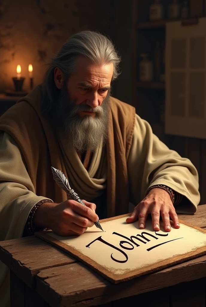 Zachariah, from Israel, writes 'JOHN' on a wooden writing plate with an ancient pen.