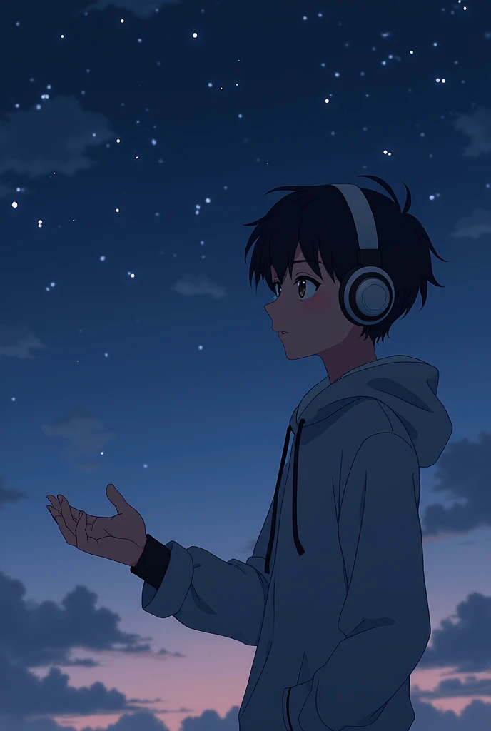 19 year old anime boy with headphones and a night sky background with a dull look The boy extends his hand to a girl Everything is fine but the girl is not there The boy looks straight ahead and is more flirtatious The look is not so dull