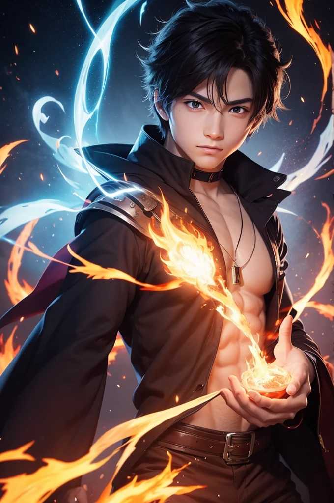 Create a image of a Student of Magic in anime style with his power being fire